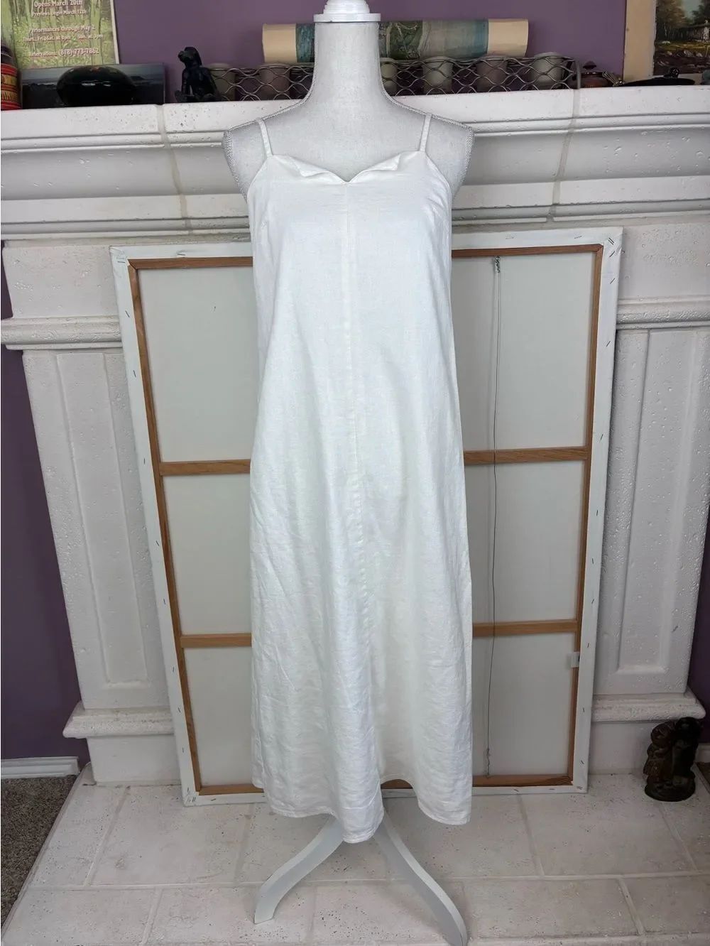 NWT Linen blend Princess Fuller skirt White Spaghetti Strap Dress